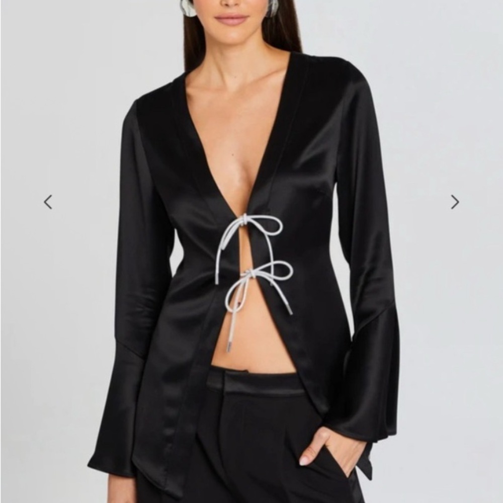 Retrofete Svea Black Satin Blouse with Tie Detail